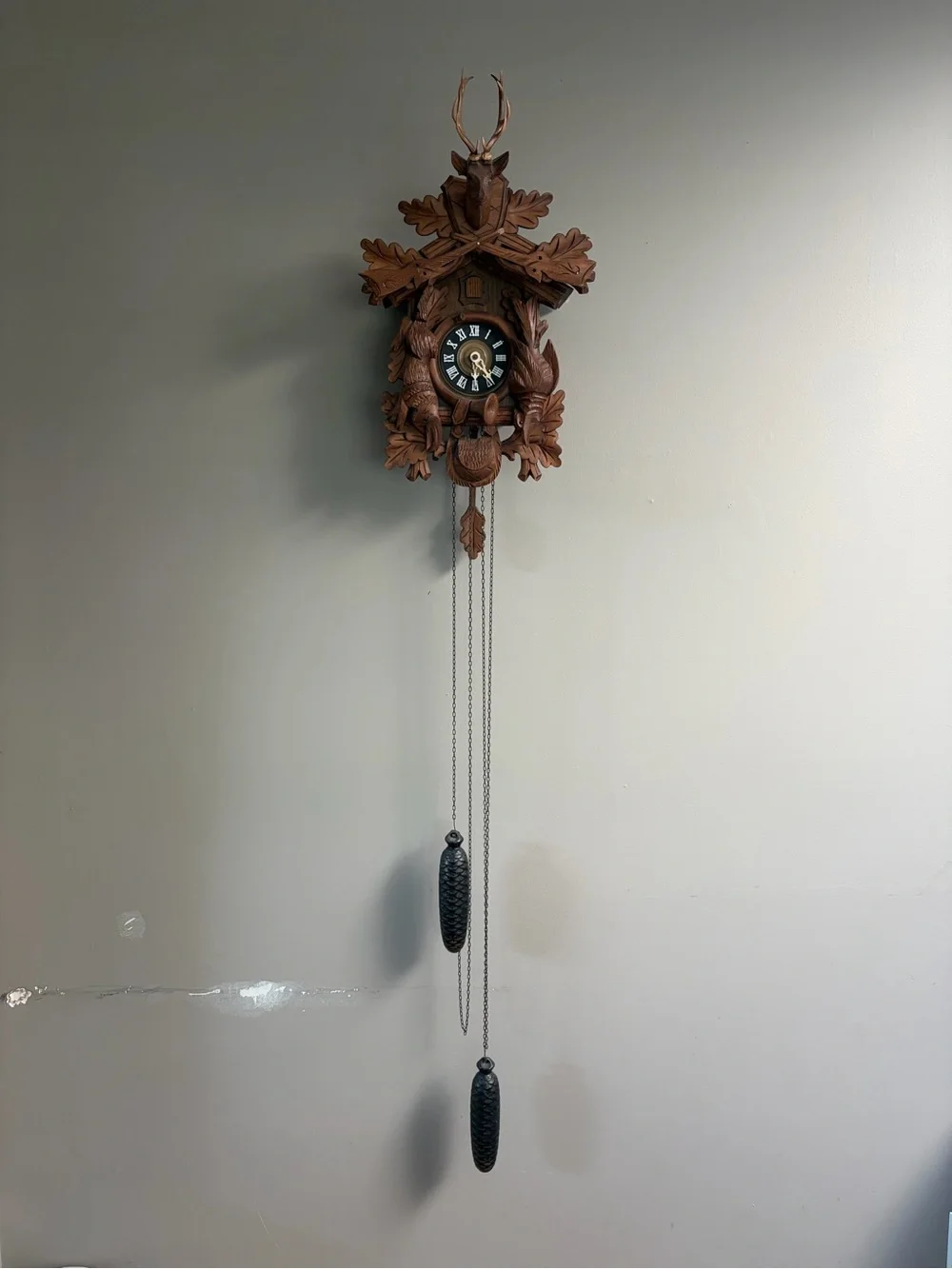 Vintage German Black Forest Hunter Cuckoo Clock Carved Deer Rabbit Pheasant